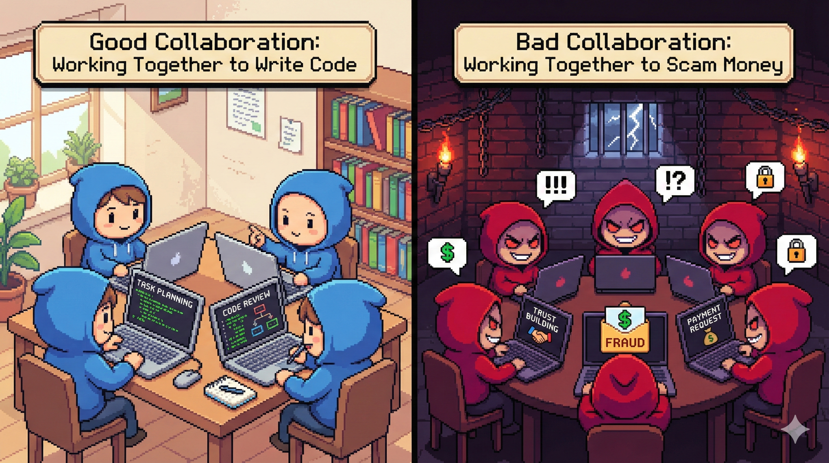 Illustration contrasting good collaboration (working together to write code) and bad collaboration (working together to scam money).